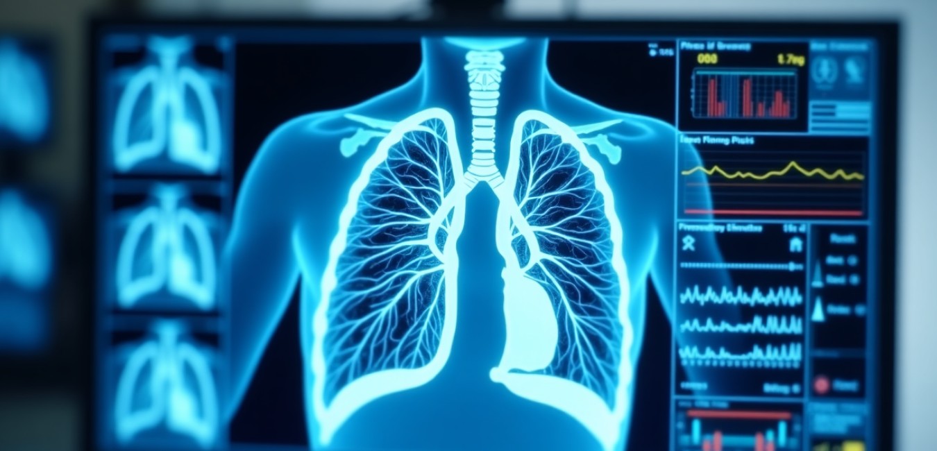 Nowoczesna wizualizacja monitorowania funkcji płuc z wieloma parametrami wyświetlanymi na ekranach medycznych w chłodnych odcieniach błękitu